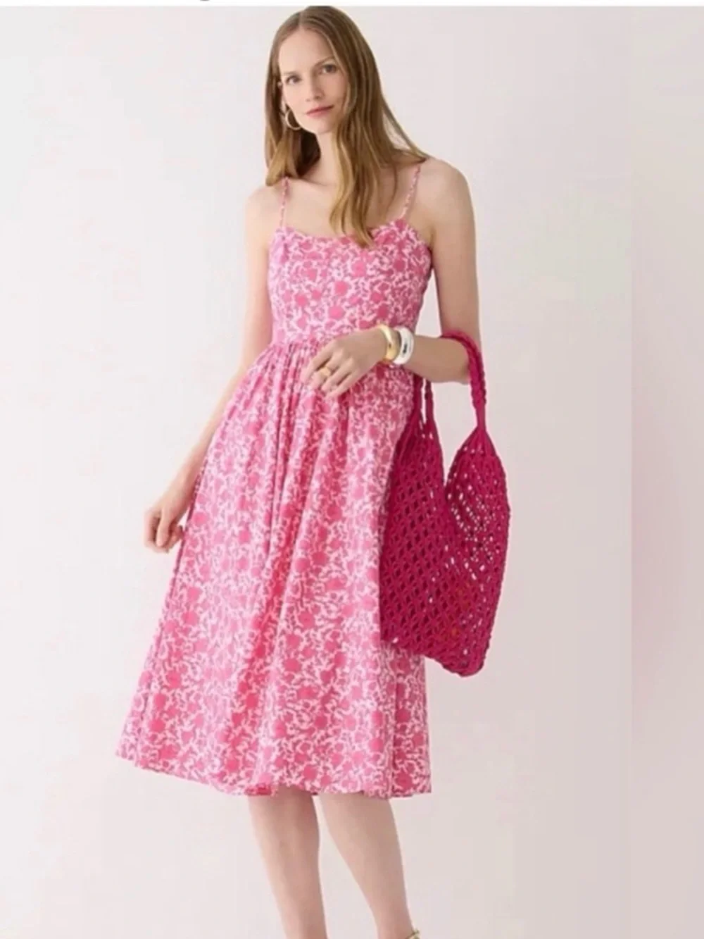 J.Crew A-Line Cotton Poplin Midi Dress Rosebud Floral Pink Size 6